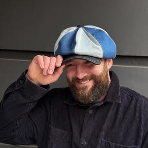 Denim patchwork newsboy cap,three-tone blue denim patchwork cap,spring denim cap,8-panel applejack hat,Blue Mix patchwork cap,mens blue caps