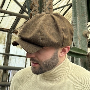 Brown applejack cap,newsboy wool hat men,brown Driving Cap,herringbone 8-panels cap,Peaky blinders hat, Shelby cap,brown wool baker boy cap