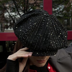Oversized newsboy hat for woman,tweed Gavroche hat unisex,black baker boy cap,tweed 8 panels hat,oversized black tweed cap,eye-catching cap