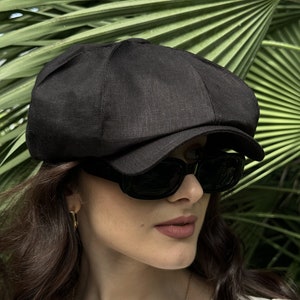 Black oversized newsboy cap,newsboy hat women,black linen sun hat,black applejack hat,bakerboy cap,mens newsboy hats,mod black summer cap