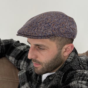Brown-blue-white flat cap,wool Ivy cap men,wool Gatsby cap,herringbone pageboy hat,brown-blue mens newsboy cap,handmade custom flat cap men