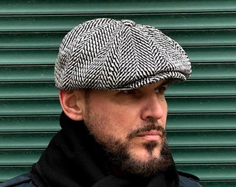 dense cotton in a black and white herringbone pattern,Peaky blinders cap, 8-panel hat,newsboy cap, hooligan hat, Tommy Shelby's cap,flat cap