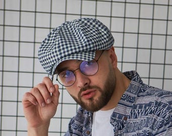 Casquette en coton blanc-bleu, casquette gavroche en coton pour homme, casquette d'été en coton à carreaux à carreaux, chapeau de soleil fait main, casquette d'été respirante, chapeau de hooligan en coton
