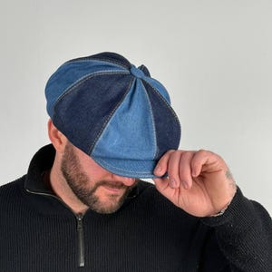 Gorra vaquera de retazos, gorra Newsboy vaquera azul bicolor, gorra vaquera azul claro + azul oscuro, gorra vaquera Applejack de 8 paneles, gorra hooligan vaquera de retazos