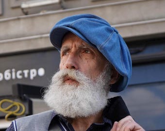 Oversized blue Gavroche cap,blue denim newsboy cap,old-fashioned hat,large volume cap,denim baker boy hat,"Johnny Depps" cap,1930s retro hat