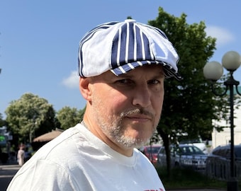 Vit+blå randig randig tidningsboykeps, sommarlinnekeps, solvitblå keps för män/kvinnor, Gavroche-keps, Peaky blinder-keps, sommarmodig strandkeps