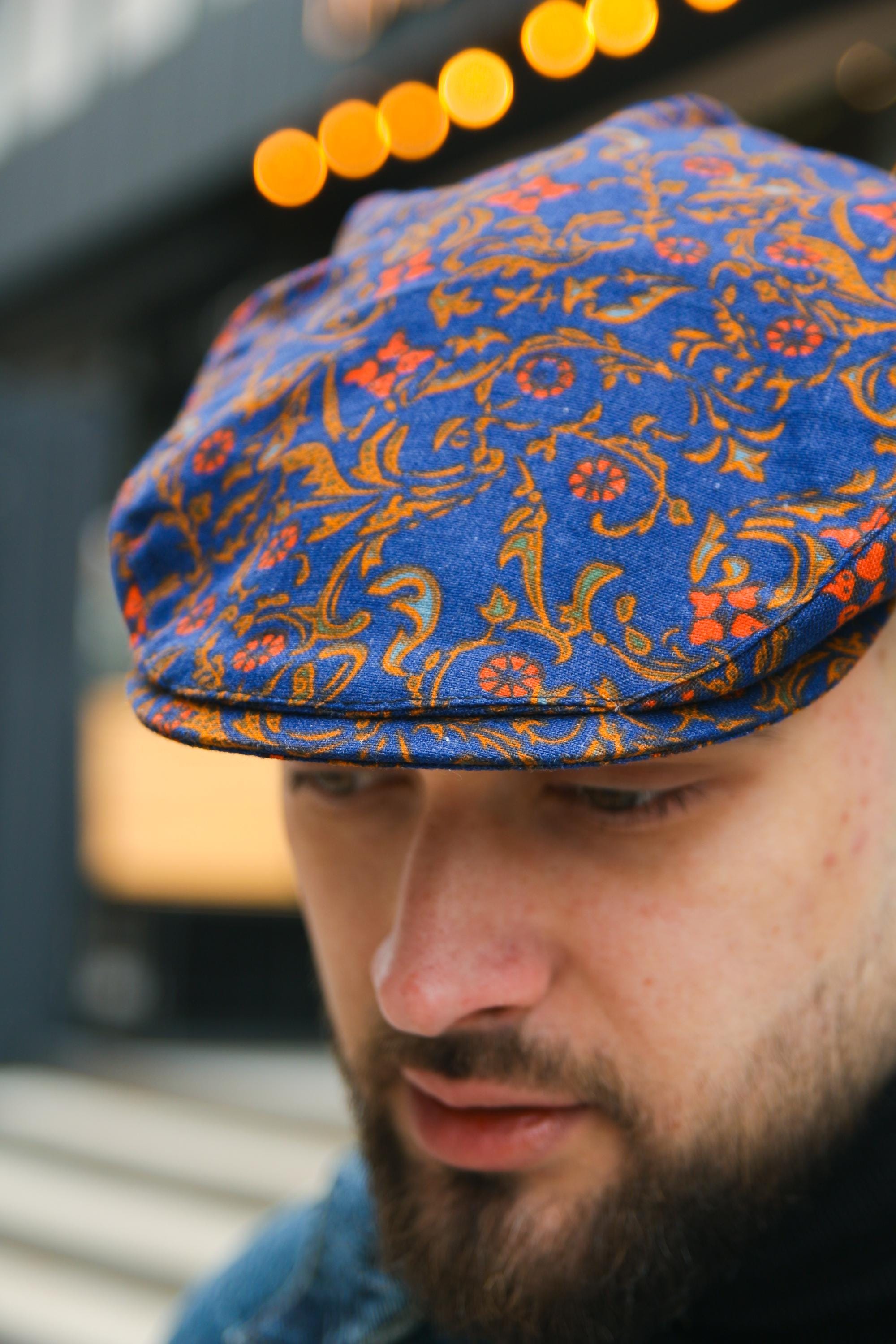 Flat Cap With Floral Paisley,summer Linen Flat Cap,blue-orange