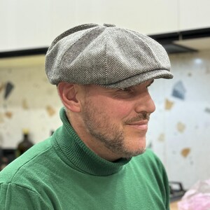 Spring grey-black herringbone wool cap,wool newsboy cap,grey-black applejack hat,peaky blinders hat,retro style wool Gavroche hat,Shelby cap image 6
