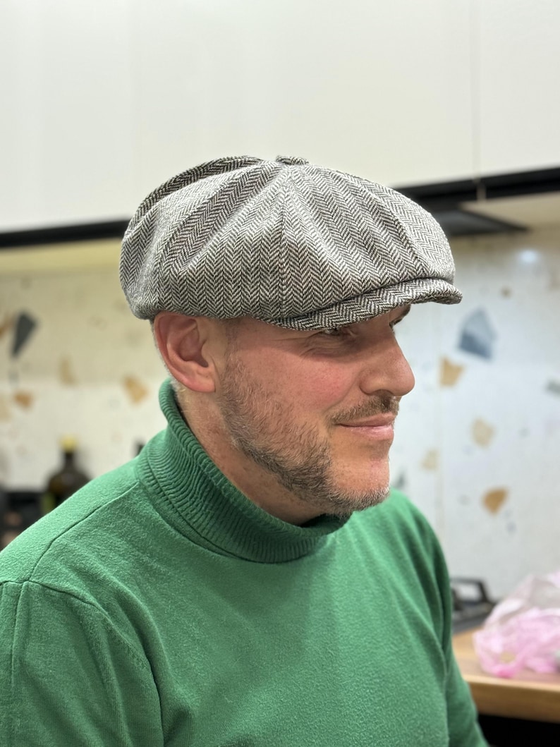 Spring grey-black herringbone wool cap,wool newsboy cap,grey-black applejack hat,peaky blinders hat,retro style wool Gavroche hat,Shelby cap image 6