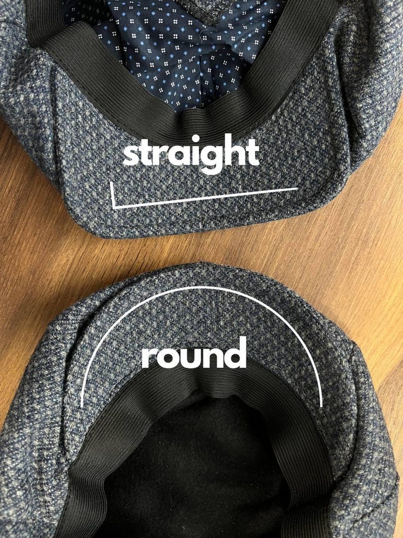 May include: Two tweed newsboy caps, one with a straight brim and the other with a rounded brim. The caps are blue and gray with a black elastic band. The interior lining of the caps is a dark blue with a small white dot pattern. The word "straight" is written on one cap and "round" on the other.