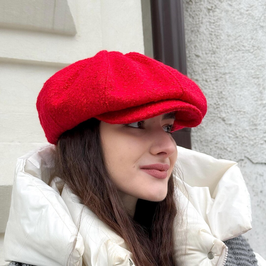 Red Rounded Hat Oversized Red Gavroche Hat for Women,red Boucle Wool Newsboy Cap,autumn ...