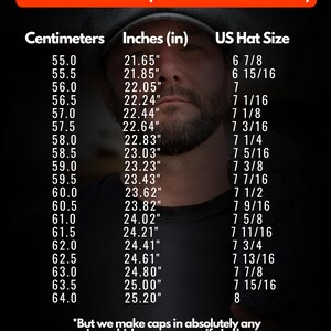 May include: A hat size chart displaying head circumference in centimetres, inches, and US hat sizes. The table lists measurements from 55.0 cm to 64.0 cm, corresponding to 21.65 to 25.20 inches and US sizes 6 7/8 to 8, with a note on custom sizing.