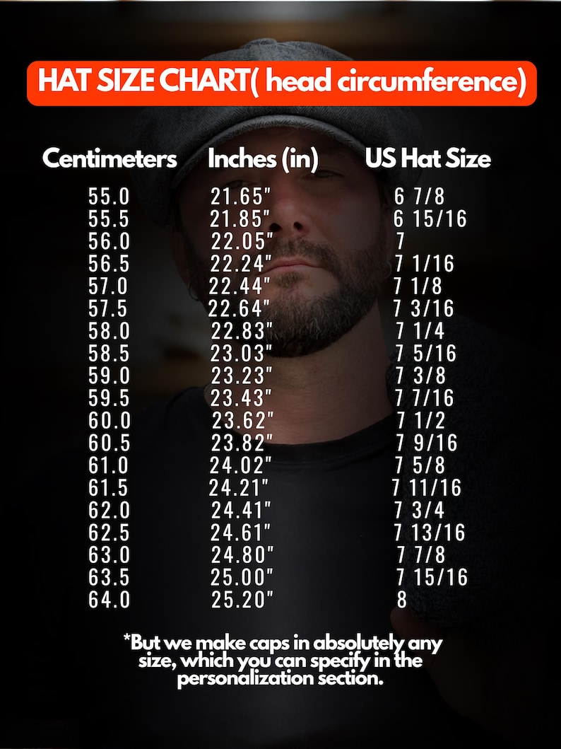 May include: A hat size chart displaying head circumference in centimetres, inches, and US hat sizes. The table lists measurements from 55.0 cm to 64.0 cm, corresponding to 21.65 to 25.20 inches and US sizes 6 7/8 to 8, with a note on custom sizing.