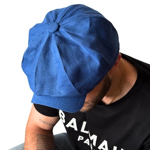 Blauwe krantenverkoperpet, linnen zomerhoed heren, blauwe Gatsby-hoed, linnen 8 panelen pet, casual blauwe linnen hoed, peaky oogkleppenhoed, blauwe Baker Boy-pet heren