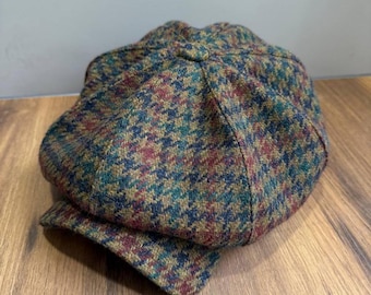 Multicolored newsboy hat,mustard wool applejack cap,red-blue-green Gavroche cap,houndstooth wool bakerboy cap,fall mustard wool cap for men