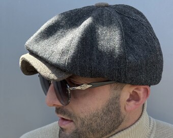 Braun-graue herringbone Wollmütze,Shelby Mütze,Peaky Scheuklappen, Zeitungsjunge Mütze Männer,Hooligan Hut,8-Panel Mütze,Gavroche Mütze