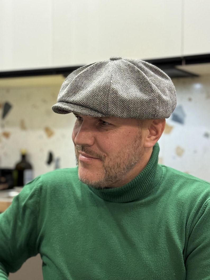 Spring grey-black herringbone wool cap,wool newsboy cap,grey-black applejack hat,peaky blinders hat,retro style wool Gavroche hat,Shelby cap image 7
