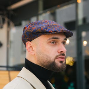 Flat cap with floral paisley,summer flat cap,blue-orange-mustard linen cap,pageboy cap,linen newsboy cap,Ivy cap,blue Gatsby cap,blue caps