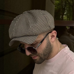Beige-brown wool cap,wool applejack cap,beige Newsboy hat man,8 panels wool hat,peaky blinders hat,houndstooth wool baker boy cap,cabbie hat