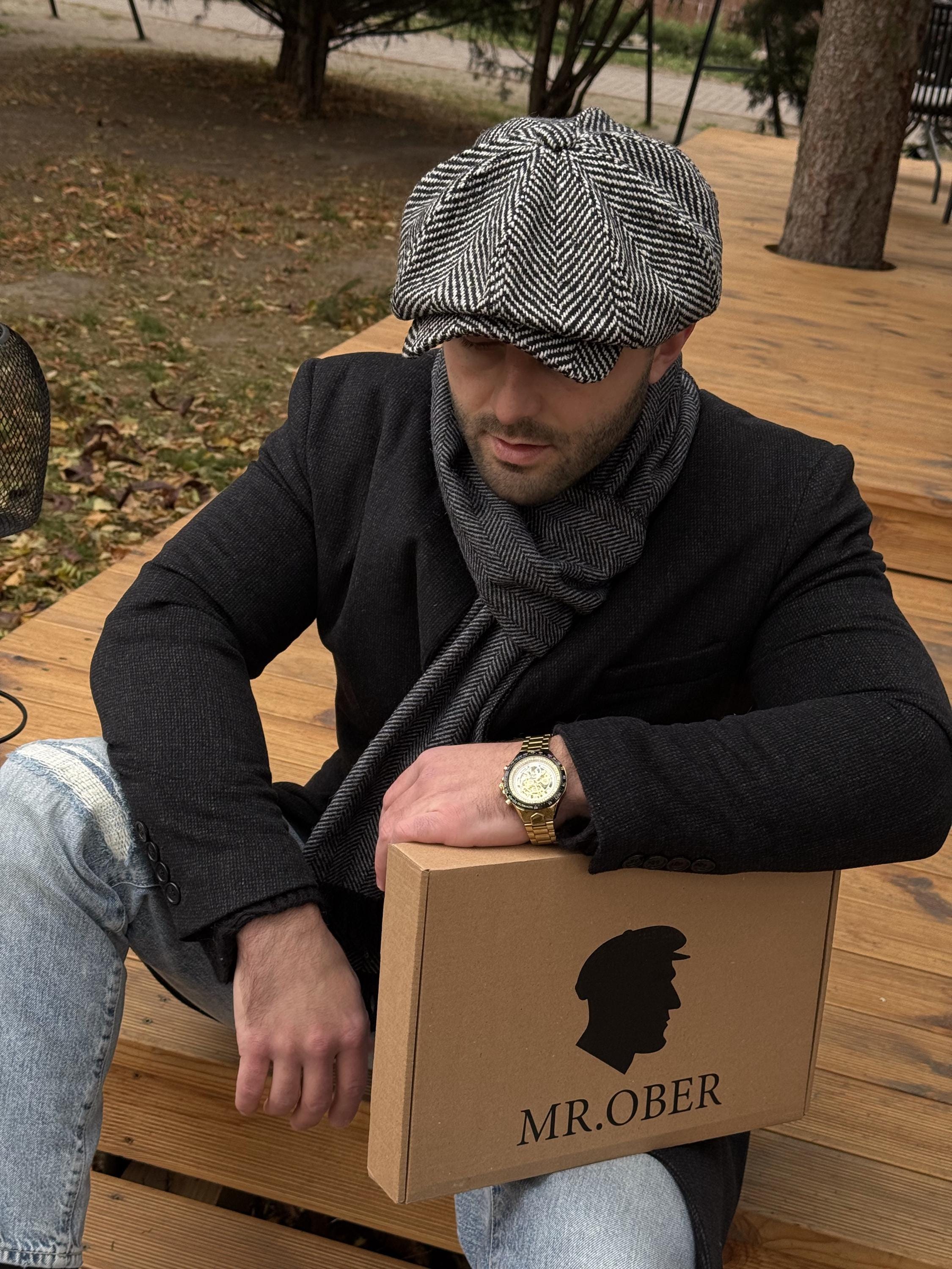 Black-white Herringbone Hat,wool Gavroche Hat,black