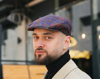 Flat Cap With Floral Paisley,summer Linen Flat Cap,blue-orange