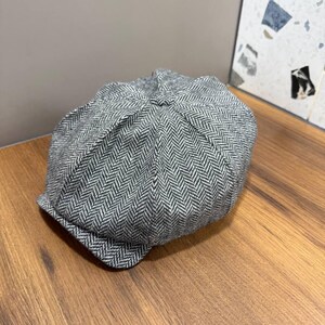 Spring grey-black herringbone wool cap,wool newsboy cap,grey-black applejack hat,peaky blinders hat,retro style wool Gavroche hat,Shelby cap image 9