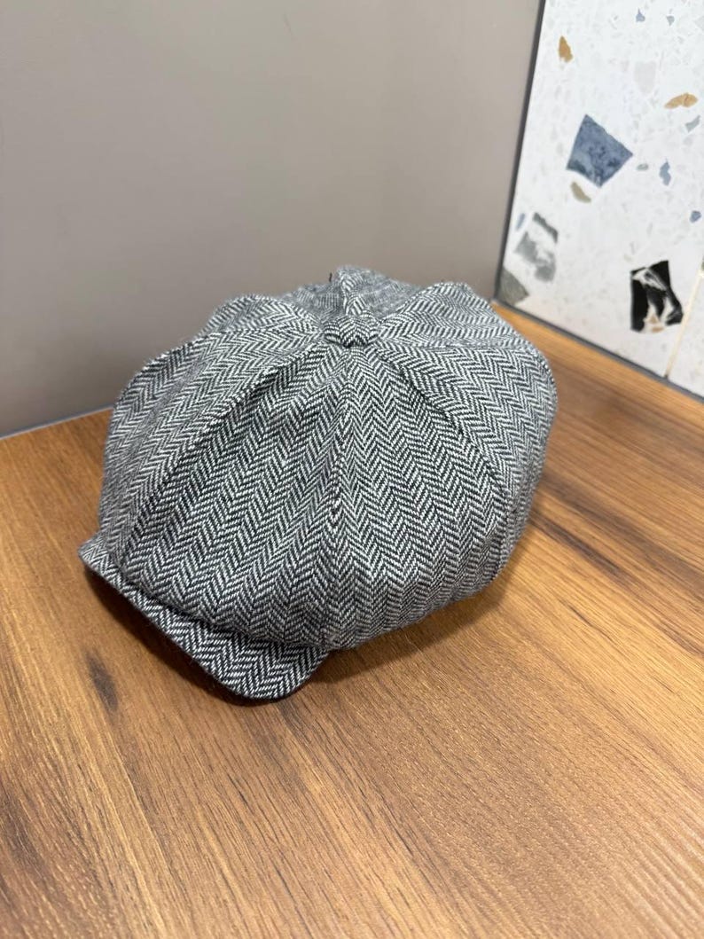 Spring grey-black herringbone wool cap,wool newsboy cap,grey-black applejack hat,peaky blinders hat,retro style wool Gavroche hat,Shelby cap image 9