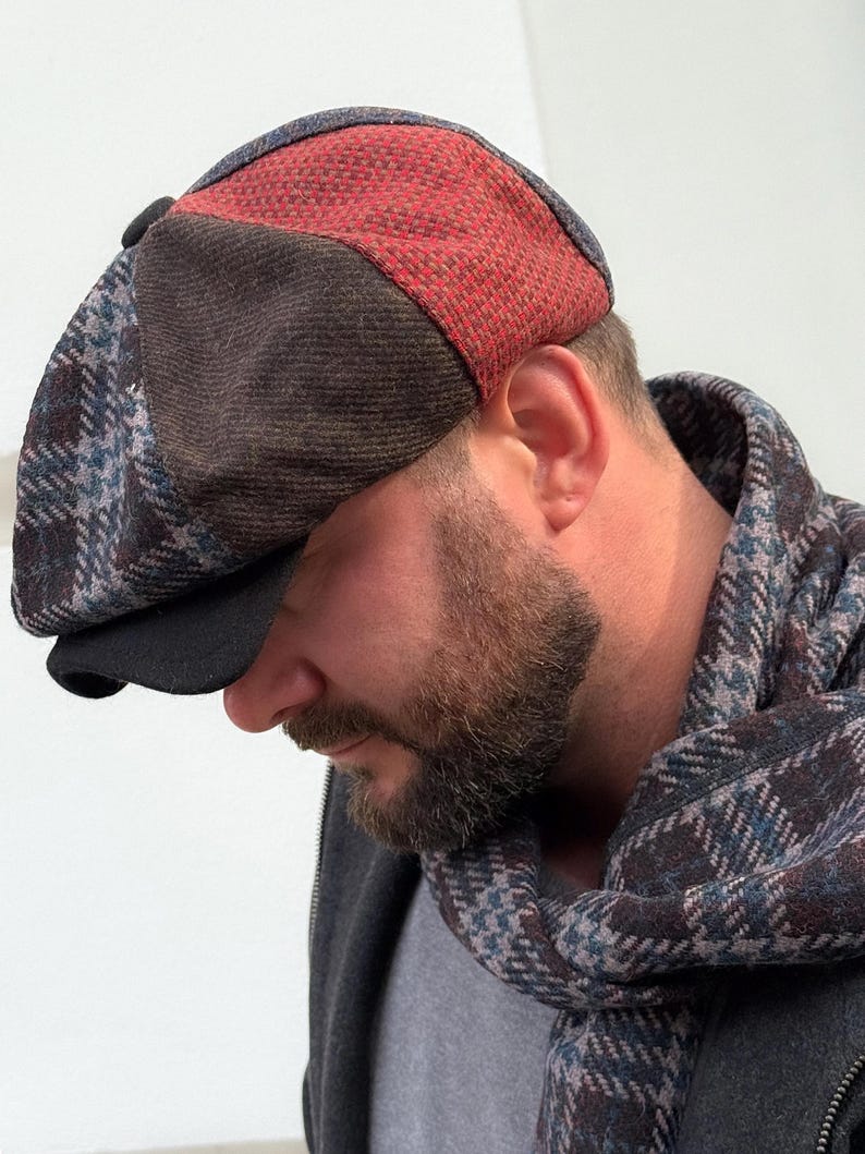Överdimensionerad ullkeps i lapptäcke, flerfärgad Gavroche-keps, ulltidningskeps, blårödbrun Applejack-hatt, ullkeps med 8 paneler för män, Peaky Blinders-keps bild 6