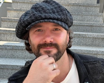Black-grey wool cap,mens newsboy cap,houndstooth wool applejack hat,black-grey bakerboy cap,retro black Gavroche hat,autumn wool cap for men