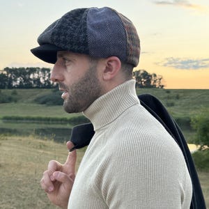 Wool multicolored patchwork cap,wool newsboy hat man,black-grey retro Gavroche hat,wool old-fashioned mens hats,handmade wool applejack cap image 4