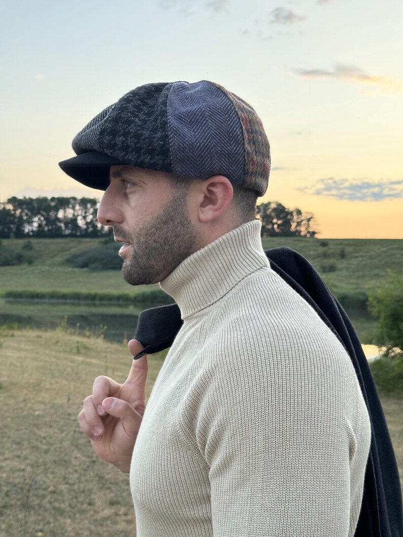 Wool multicolored patchwork cap,wool newsboy hat man,black-grey retro Gavroche hat,wool old-fashioned mens hats,handmade wool applejack cap image 4