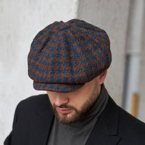 Brown-blue applejack cap,wool mens newsboy hat,autumn houndstooth wool hat,blue-brown baker boy hat,wool 8-panels cap men,Peaky blinders hat
