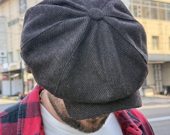 Brown and black newsboy cap,autumn diagonal wool cap,mens retro style hat,brown applejack hat for men\women,brown-black wool 8-panels cap