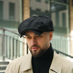 Black linen summer hat,black 8-panel cap for men,linen applejack hat,black sun hats for men,handmade linen mens newsboy hat,black cabbie hat