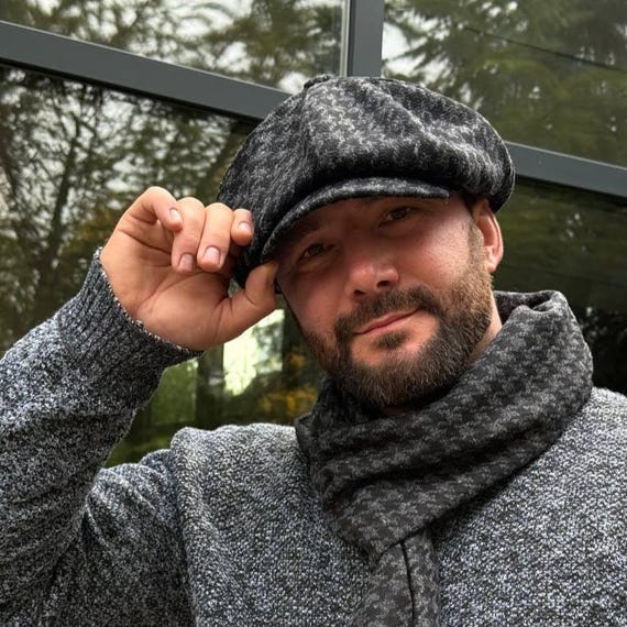 Wool Newsboy Cap,black-grey Houndstooth Hat,wool Applejack Hat Man