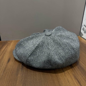Spring grey-black herringbone wool cap,wool newsboy cap,grey-black applejack hat,peaky blinders hat,retro style wool Gavroche hat,Shelby cap image 5