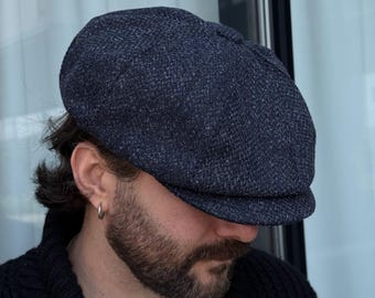 Blue autumn newsboy cap,blue herringbone wool cap,blue applejack hat,mens 8 panels cap,blue cap for men,vintage newsboy cap,blue cabbie cap