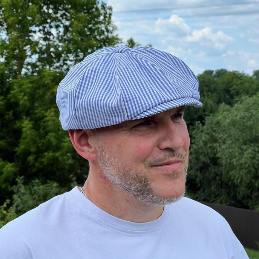 Striped Newsboy Cap in White and Navy Wigens Classic Seersucker 99% Cotton Newsboy Cap (Sky Blue  main image 2