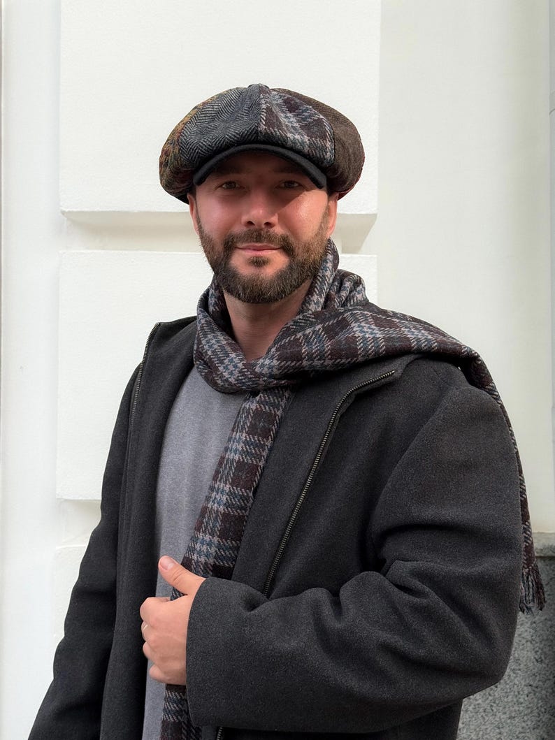 Överdimensionerad ullkeps i lapptäcke, flerfärgad Gavroche-keps, ulltidningskeps, blårödbrun Applejack-hatt, ullkeps med 8 paneler för män, Peaky Blinders-keps bild 3