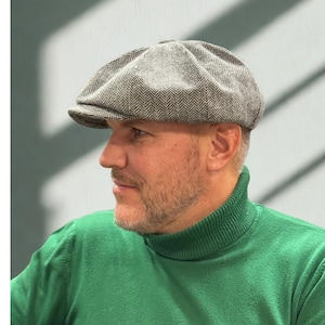 Spring grey-black herringbone wool cap,wool newsboy cap,grey-black applejack hat,peaky blinders hat,retro style wool Gavroche hat,Shelby cap image 3
