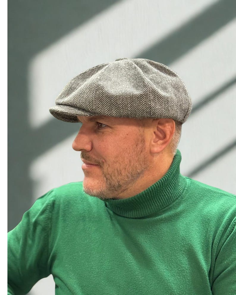 Spring grey-black herringbone wool cap,wool newsboy cap,grey-black applejack hat,peaky blinders hat,retro style wool Gavroche hat,Shelby cap image 3