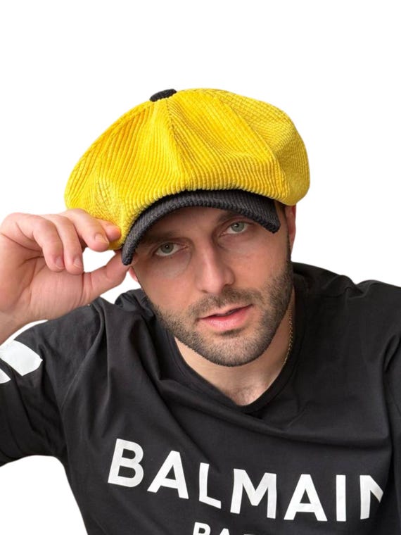 Yellow-black Newsboy Cap,corduroy 8-panels Cap Men,yellow Gavroche
