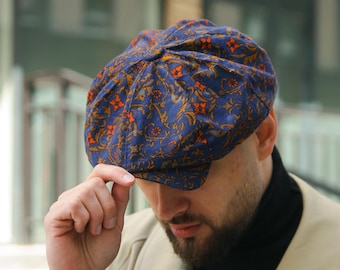 Boina de linho estilo jornaleiro para o verão, boina de linho com estampa floral paisley, boina azul estilo Applejack, boina Bakerboy de 8 painéis, presente para homem, boina Peaky Blinders, chapéu de sol de linho masculino