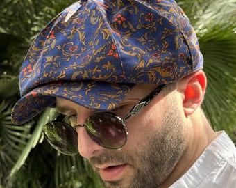 Summer linen newsboy cap,blue-orange-mustard applejack cap,peaky blinders hat,paisley patterned cap,blue linen hooligan cap,blue newsboy cap