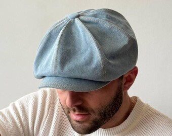 Light blue spring denim cap,blue newsboy cap,blue 8panel denim cap,Peaky blinders cap,blue denim applejack cap,denim bakerboy cap,cabbie hat