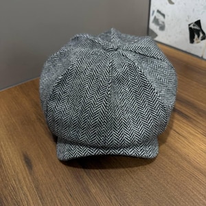 Spring grey-black herringbone wool cap,wool newsboy cap,grey-black applejack hat,peaky blinders hat,retro style wool Gavroche hat,Shelby cap image 8