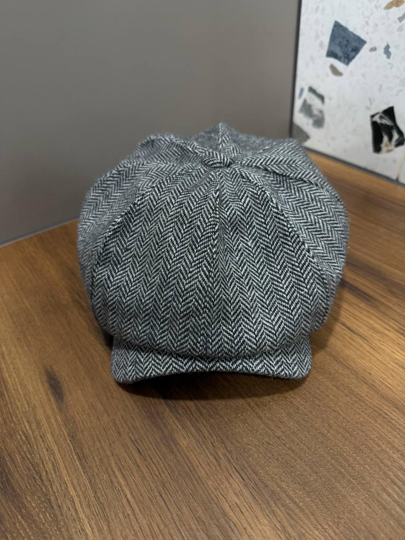 Spring grey-black herringbone wool cap,wool newsboy cap,grey-black applejack hat,peaky blinders hat,retro style wool Gavroche hat,Shelby cap image 8