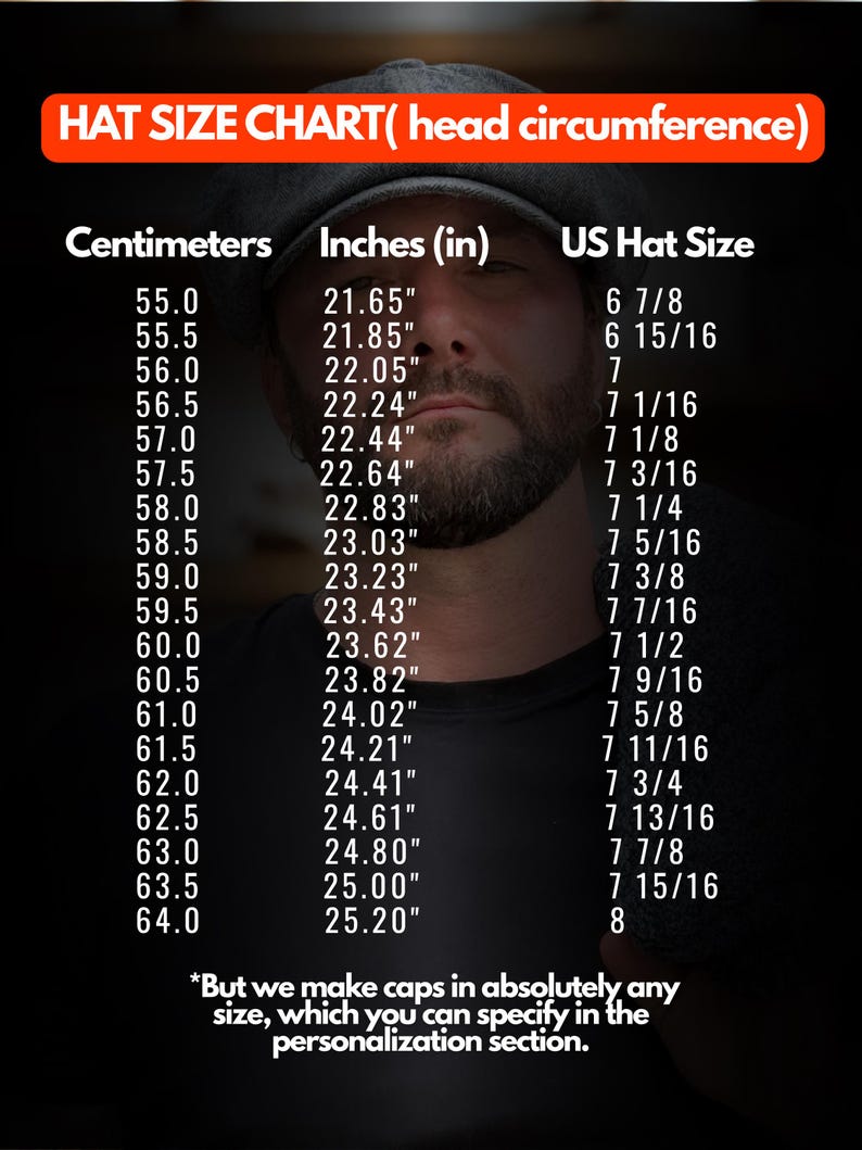 May include: A hat size chart with head circumference measurements in centimeters, inches, and US hat sizes. The chart includes sizes from 55.0 cm (21.65 inches) to 64.0 cm (25.20 inches). Text at the bottom states that custom sizes are available.