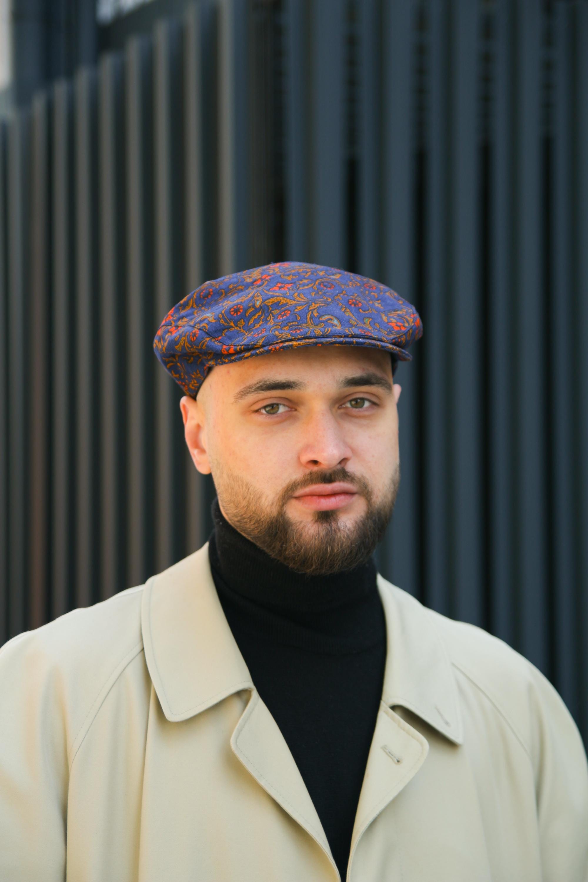 Flat Cap With Floral Paisley,summer Linen Flat Cap,blue-orange