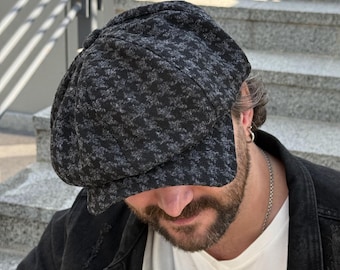 Black-grey houndstooth wool cap,newsboy cap,mens applejack hat,black-grey bakerboy cap,retro black Gavroche hat,mens autumn black wool cap